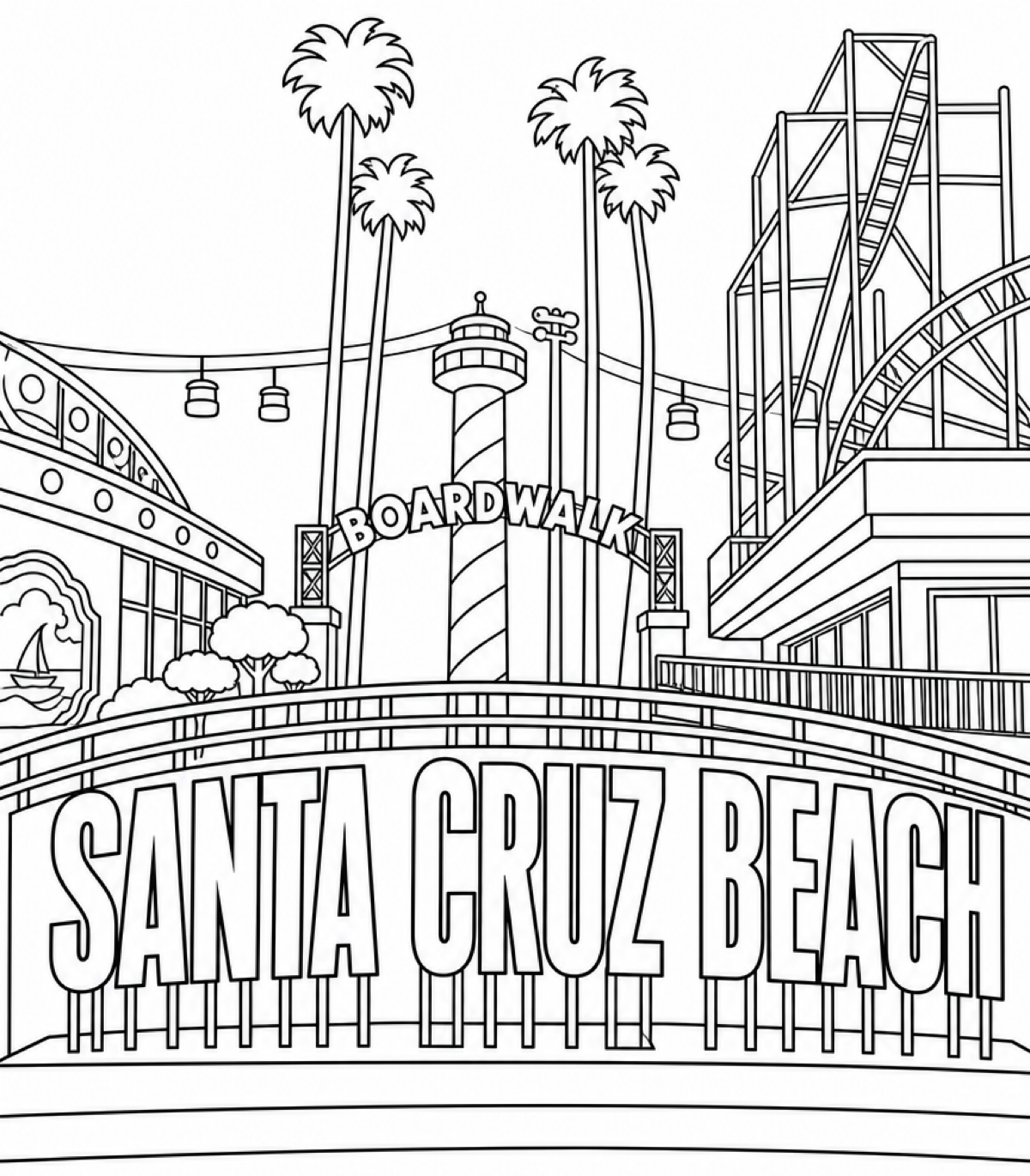 Santa Cruz Beach Boardwalk coloring page — the entrance sign, palm trees, sky glider, and the Giant Dipper roller coaster, all ready to color