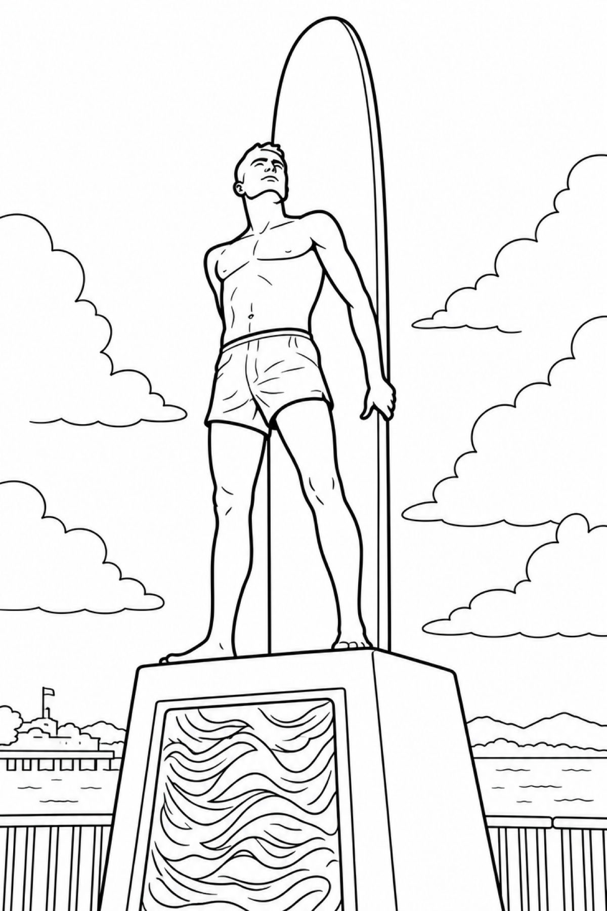 Surfer statue coloring page — the Santa Cruz surfer statue on its wave-carved pedestal with clouds and the coastline behind, ready to color