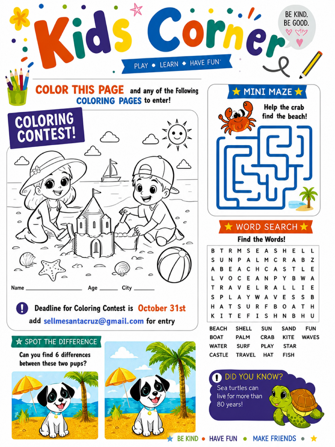 Kids Corner activity page — a beach sandcastle coloring contest, a crab mini maze, a beach word search, spot the difference puppies, and a sea turtle fun fact