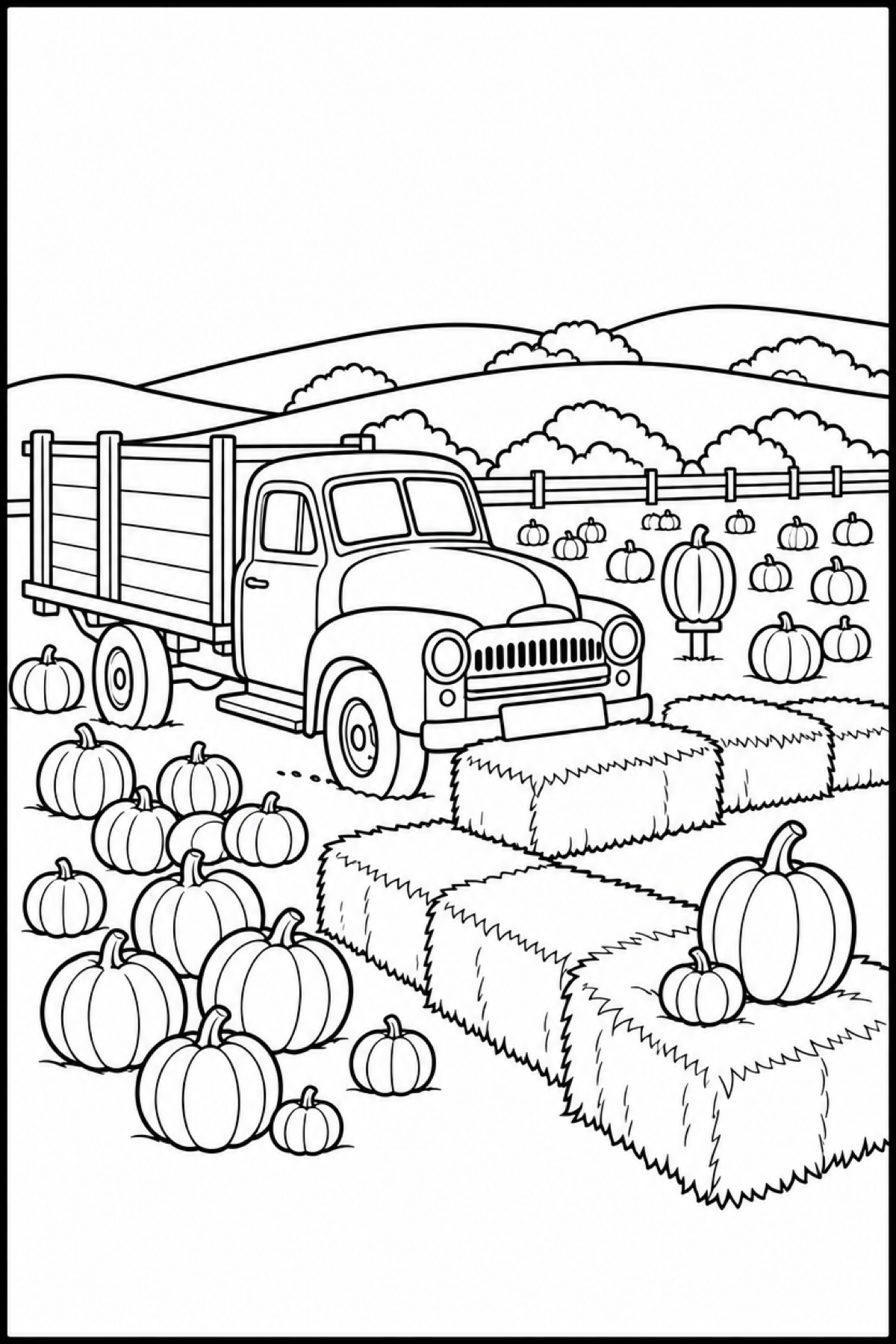 Rodoni Farms coloring page — a vintage farm truck beside hay bales and pumpkins in a patch by the coast, ready to color