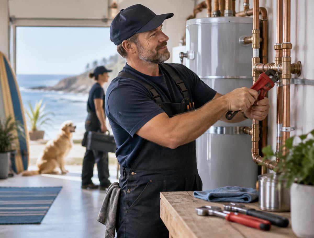 Cimarelli's Laurel Plumbing technician working on copper pipes with the Santa Cruz coast in the background