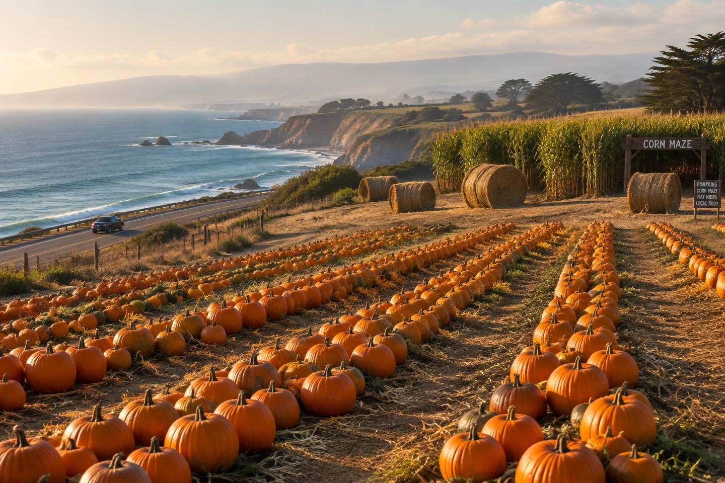 Rows of pumpkins at a coastal pumpkin patch beside Highway 1 with hay bales and a corn maze